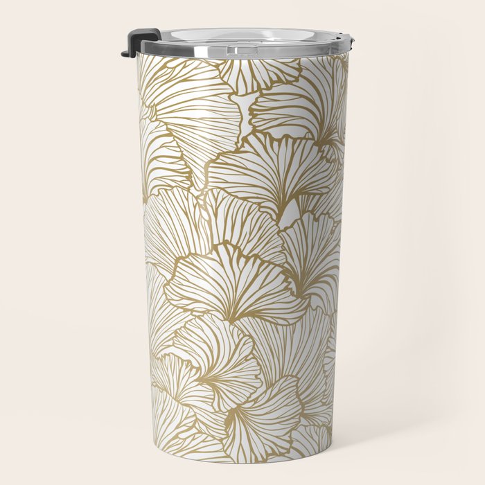 Decorative Art Deco, Leaves, Floral Prints, White and Gold Travel Mug Gallery Image 3
