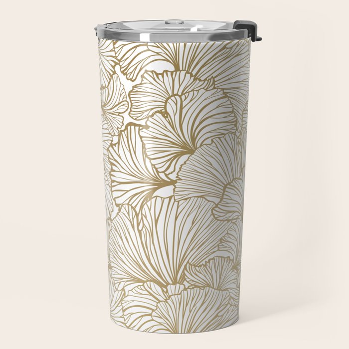 Decorative Art Deco, Leaves, Floral Prints, White and Gold Travel Mug Gallery Image 2