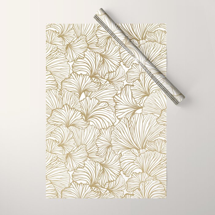Decorative Art Deco, Leaves, Floral Prints, White and Gold Wrapping Paper Gallery Image 1