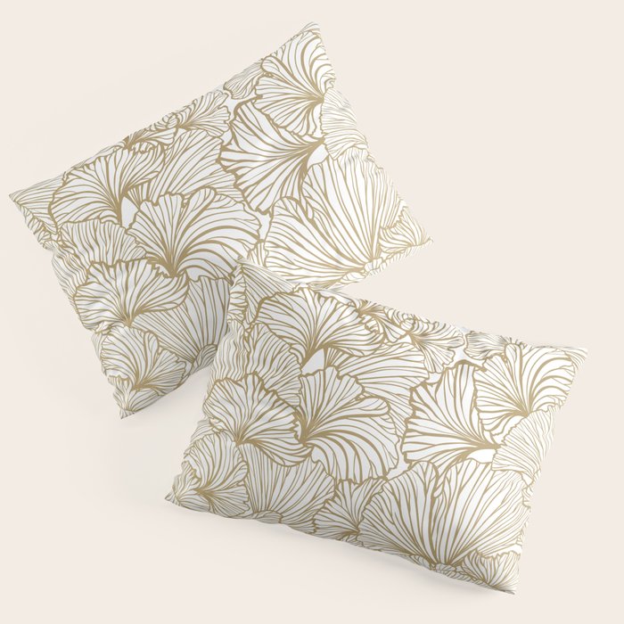 Decorative Art Deco, Leaves, Floral Prints, White and Gold Pillow Sham Gallery Image 3