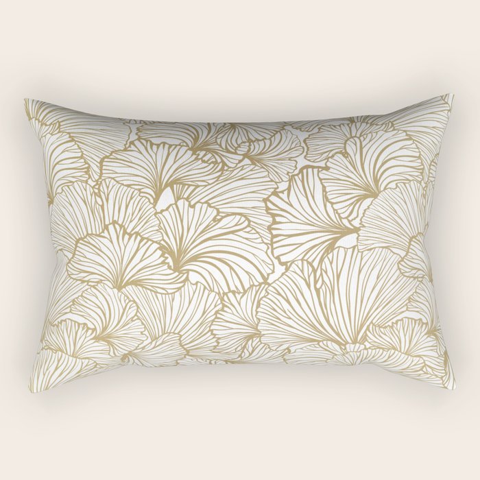 Decorative Art Deco, Leaves, Floral Prints, White and Gold Rectangular Pillow Gallery Image 1