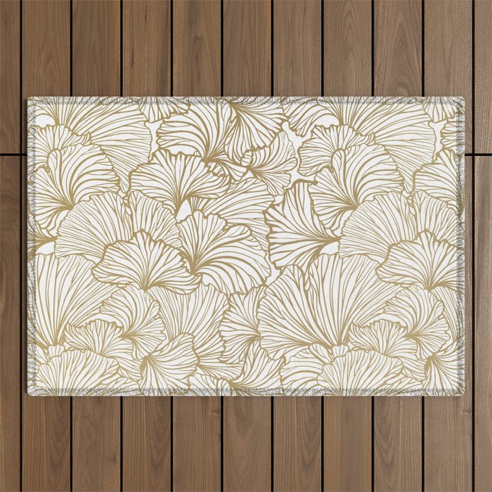 Decorative Art Deco, Leaves, Floral Prints, White and Gold Outdoor Rug Gallery Image 1