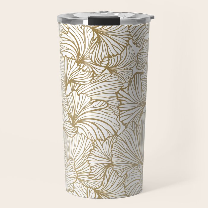 Decorative Art Deco, Leaves, Floral Prints, White and Gold Travel Mug Gallery Image 1