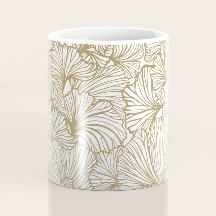 Decorative Art Deco, Leaves, Floral Prints, White and Gold Coffee Mug Gallery Image 4