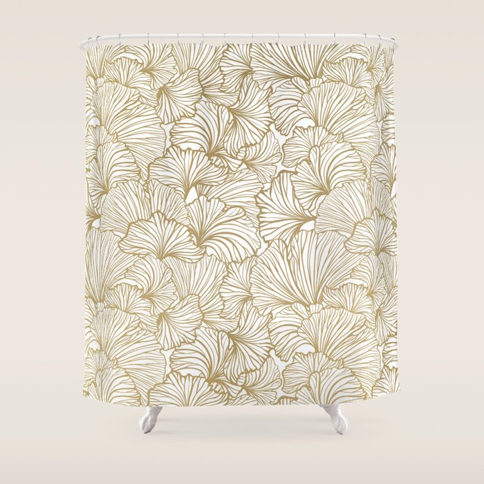 Decorative Art Deco, Leaves, Floral Prints, White and Gold Shower Curtain Gallery Image 1