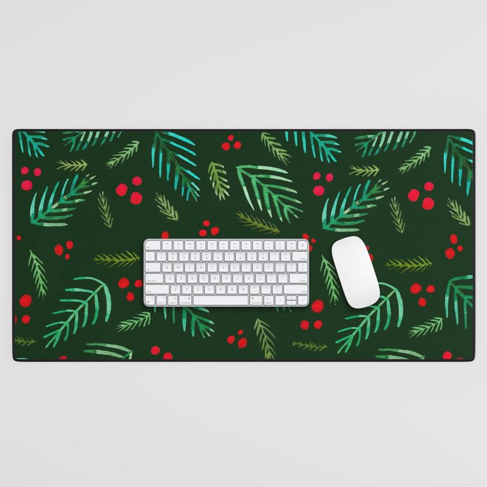 Christmas tree branches and berries - green Desk Mat Gallery Image 1
