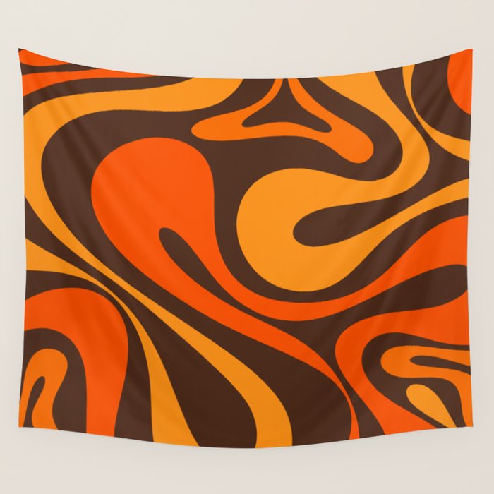 Mod Swirl Retro Abstract Pattern in 70s Brown and Orange  Wall Tapestry Gallery Image 1