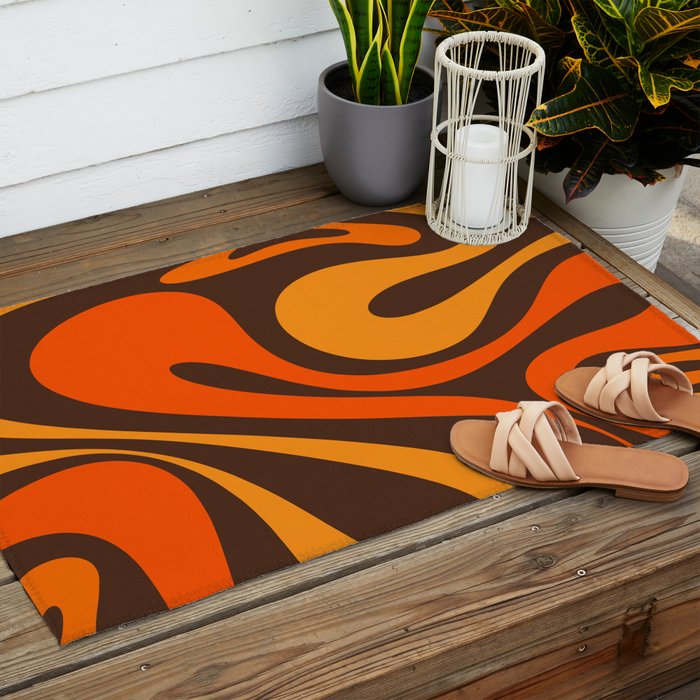 Mod Swirl Retro Abstract Pattern in 70s Brown and Orange  Outdoor Rug Gallery Image 2