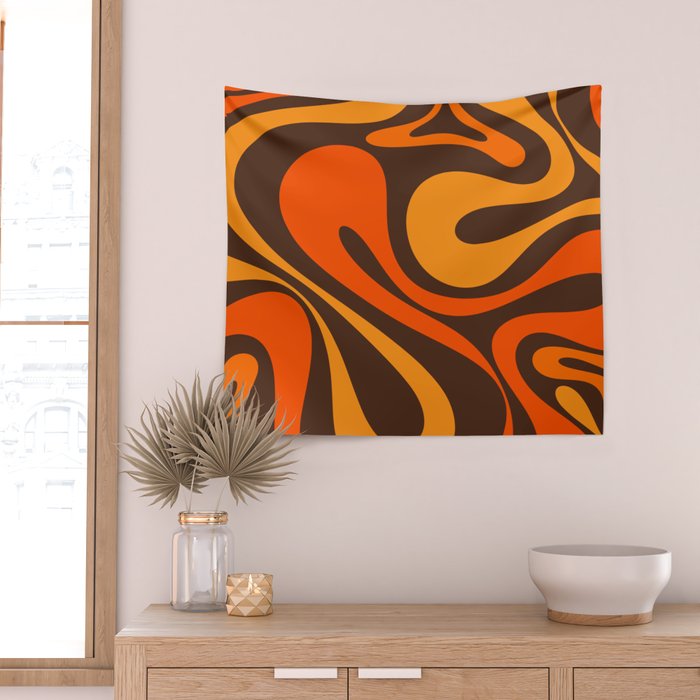Mod Swirl Retro Abstract Pattern in 70s Brown and Orange  Wall Tapestry Gallery Image 2