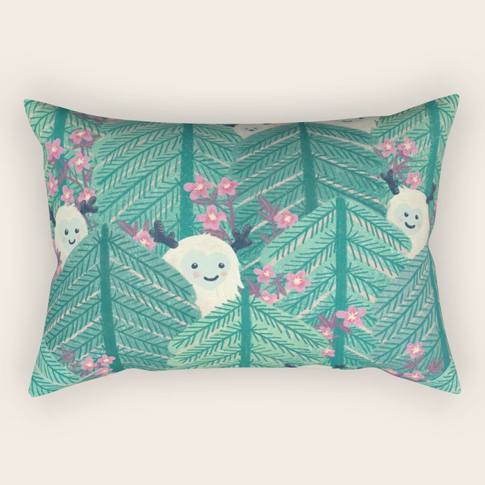 Creatures of the Forest in Springtime (Cute Yetis Hiding Whimsical Nature Art) Rectangular Pillow Gallery Image 2