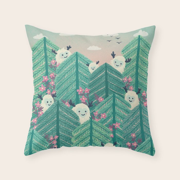 Creatures of the Forest in Springtime (Cute Yetis Hiding Whimsical Nature Art) Throw Pillow Gallery Image 1
