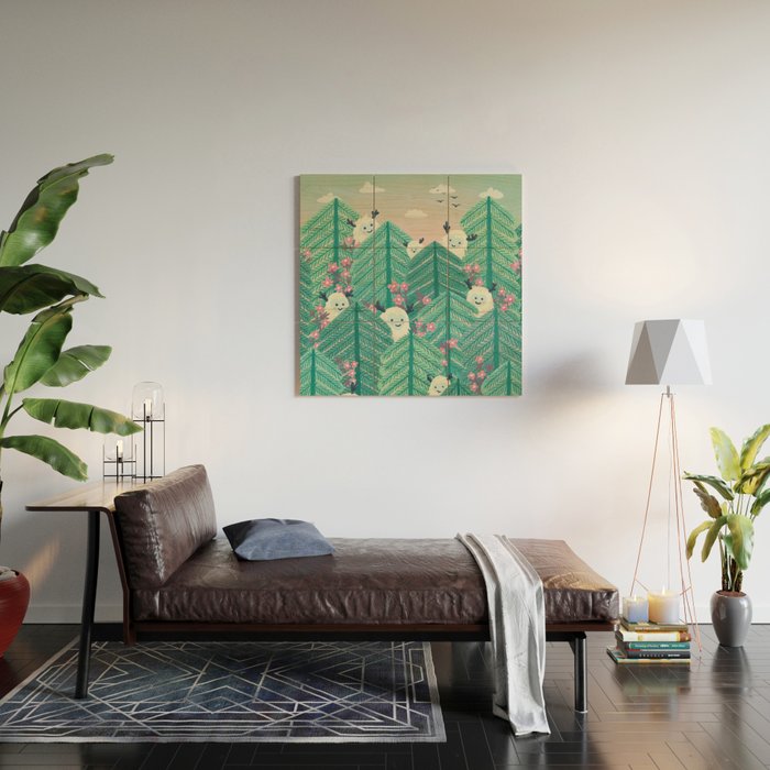 Creatures of the Forest in Springtime (Cute Yetis Hiding Whimsical Nature Art) Wood Wall Art Gallery Image 2