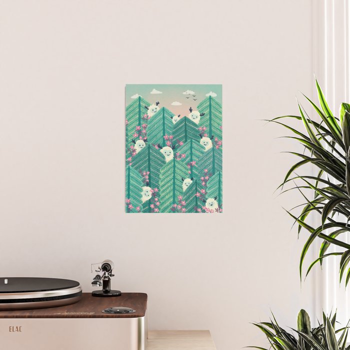 Creatures of the Forest in Springtime (Cute Yetis Hiding Whimsical Nature Art) Poster Gallery Image 2