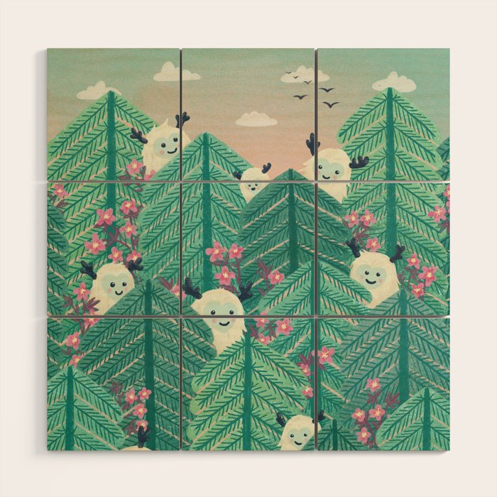 Creatures of the Forest in Springtime (Cute Yetis Hiding Whimsical Nature Art) Wood Wall Art Gallery Image 1
