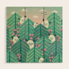 Creatures of the Forest in Springtime (Cute Yetis Hiding Whimsical Nature Art) Wood Wall Art Gallery Image 1