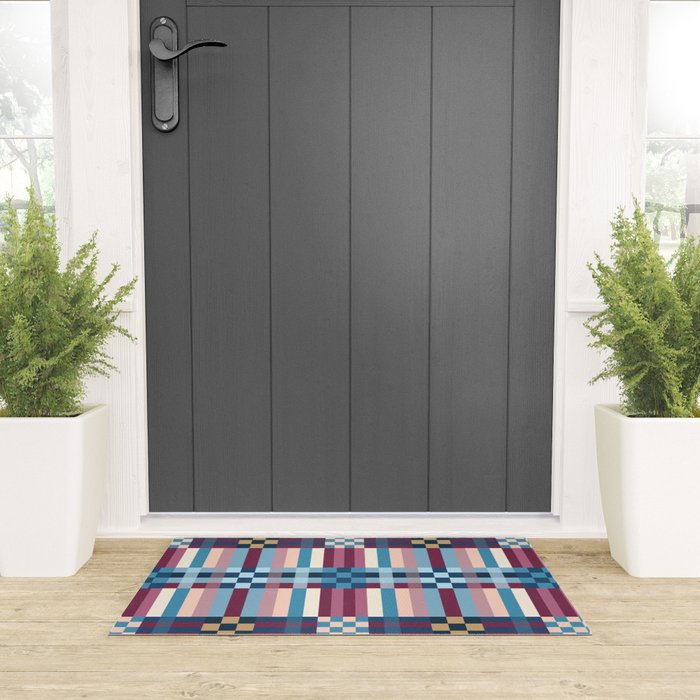 Woven Checks and Stripes Blue Burgundy Welcome Mat Gallery Image 3