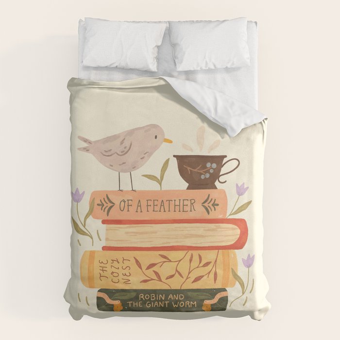 Bird's Book Stack Duvet Cover