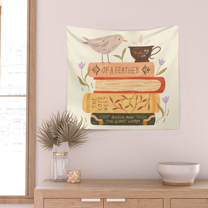 Bird's Book Stack Wall Tapestry Gallery Image 2