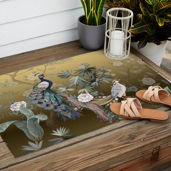 Chinoiserie Oriental Golden Peacock Fresco Art Outdoor Rug Gallery Image 2
