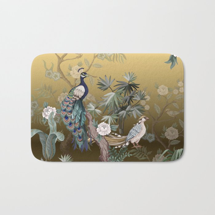 Chinoiserie Oriental Golden Peacock Fresco Art Bath Mat Gallery Image 1