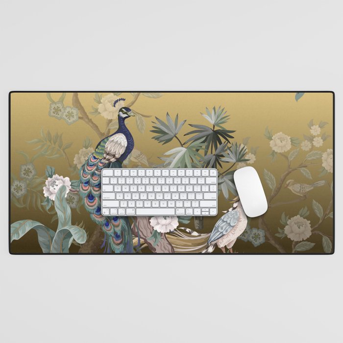 Chinoiserie Oriental Golden Peacock Fresco Art Desk Mat Gallery Image 1