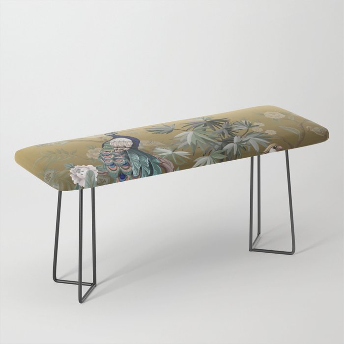 Chinoiserie Oriental Golden Peacock Fresco Art Bench Gallery Image 1