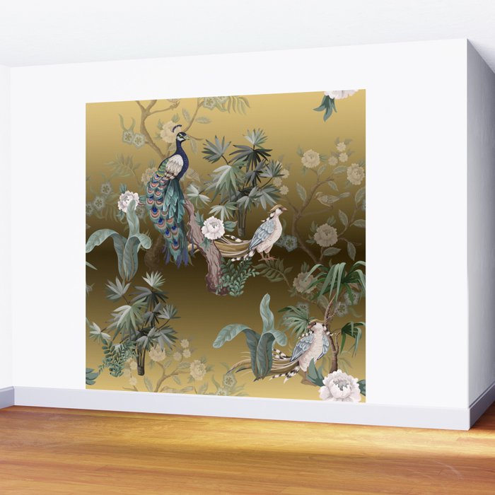 Chinoiserie Oriental Golden Peacock Fresco Art Wall Mural Gallery Image 2