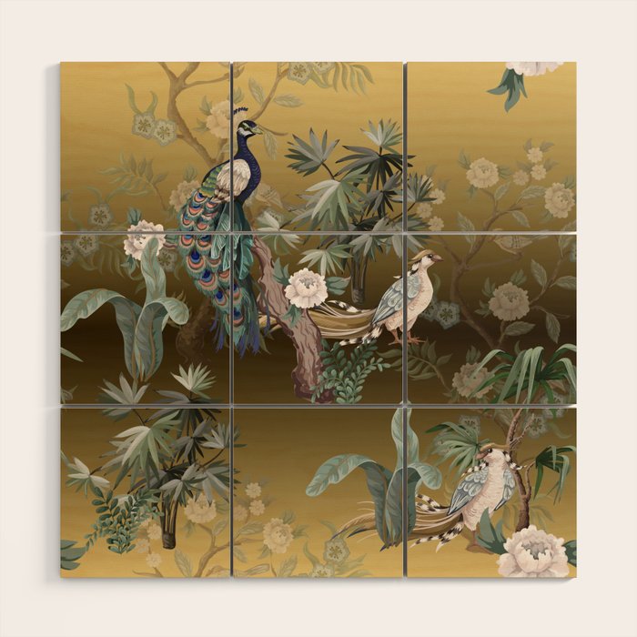 Chinoiserie Oriental Golden Peacock Fresco Art Wood Wall Art Gallery Image 1