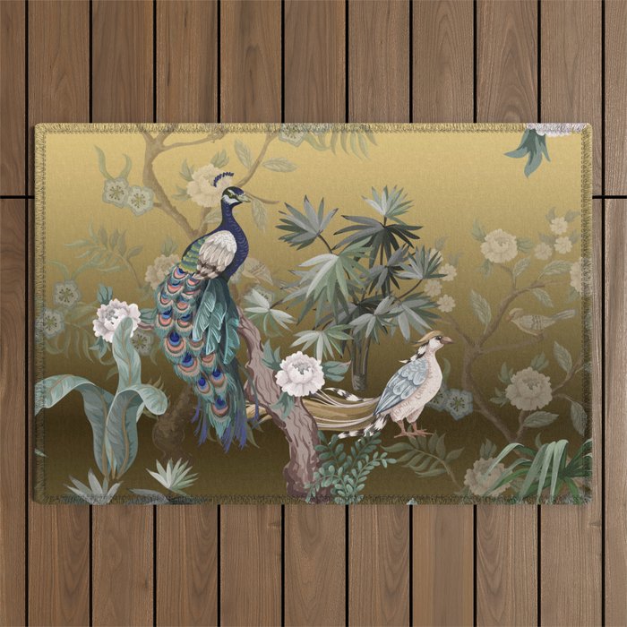 Chinoiserie Oriental Golden Peacock Fresco Art Outdoor Rug Gallery Image 1