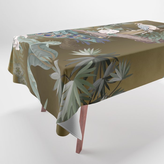 Chinoiserie Oriental Golden Peacock Fresco Art Tablecloth Gallery Image 1