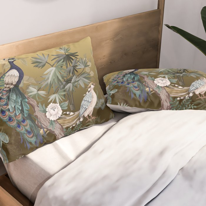 Chinoiserie Oriental Golden Peacock Fresco Art Pillow Sham Gallery Image 2