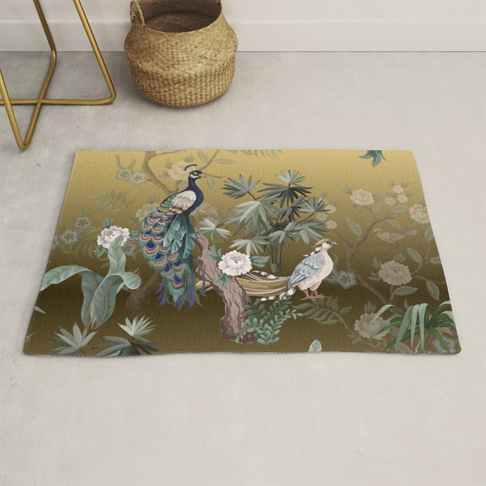 Chinoiserie Oriental Golden Peacock Fresco Art Rug Gallery Image 1