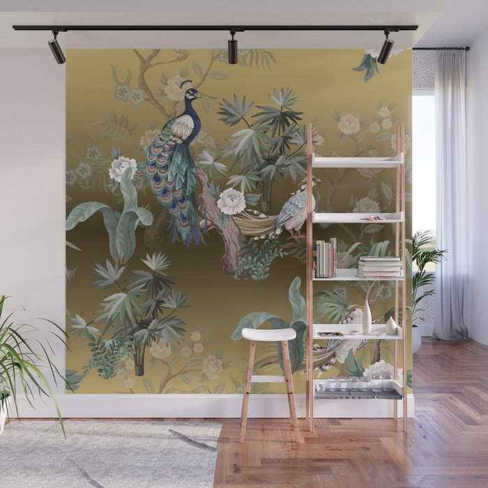 Chinoiserie Oriental Golden Peacock Fresco Art Wall Mural Gallery Image 1