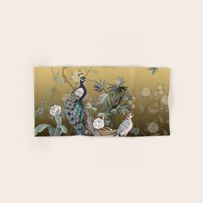 Chinoiserie Oriental Golden Peacock Fresco Art Bath Towel Gallery Image 1