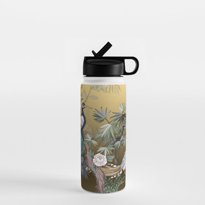 Chinoiserie Oriental Golden Peacock Fresco Art Water Bottle Gallery Image 1