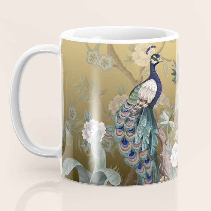 Chinoiserie Oriental Golden Peacock Fresco Art Coffee Mug Gallery Image 3