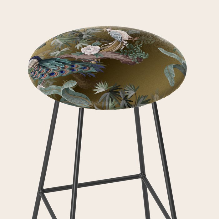 Chinoiserie Oriental Golden Peacock Fresco Art Stool Gallery Image 2
