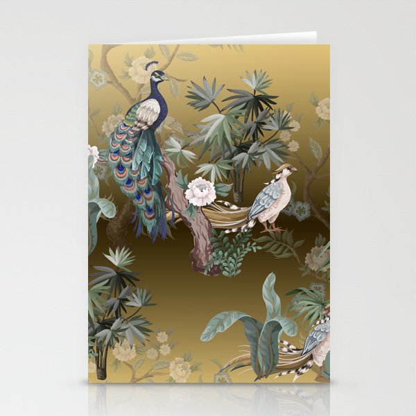 Chinoiserie Oriental Golden Peacock Fresco Art Stationery Card Gallery Image 2