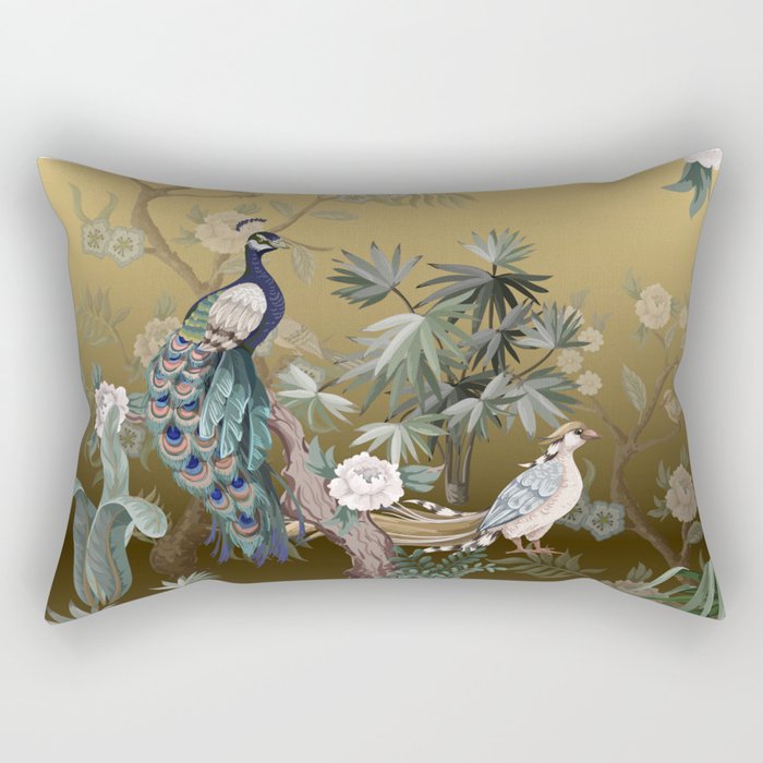 Chinoiserie Oriental Golden Peacock Fresco Art Rectangular Pillow Gallery Image 1