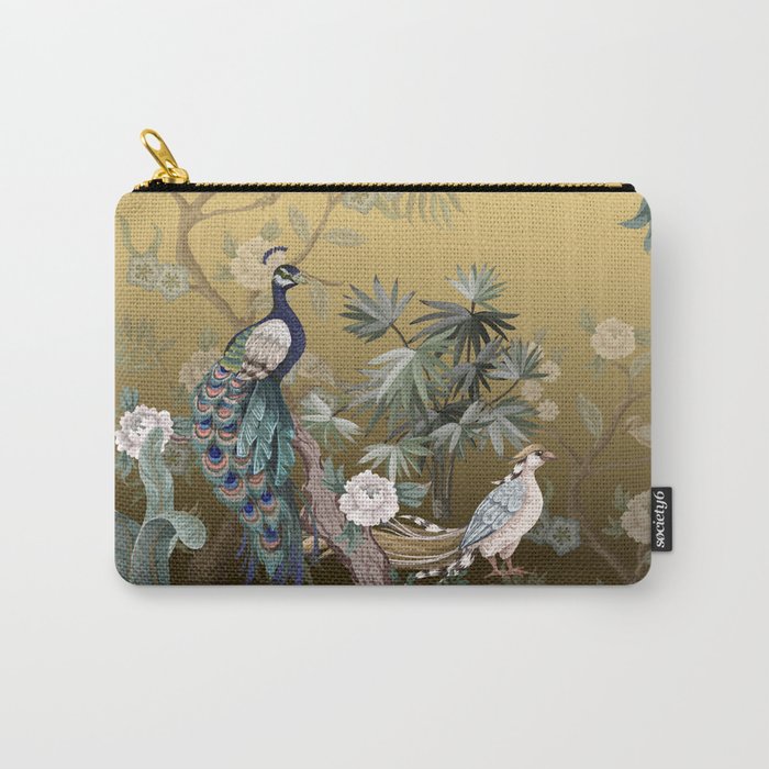 Chinoiserie Oriental Golden Peacock Fresco Art Carry All Pouch Gallery Image 1