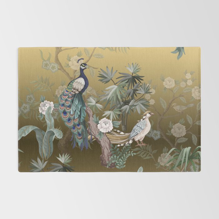 Chinoiserie Oriental Golden Peacock Fresco Art Rug Gallery Image 2