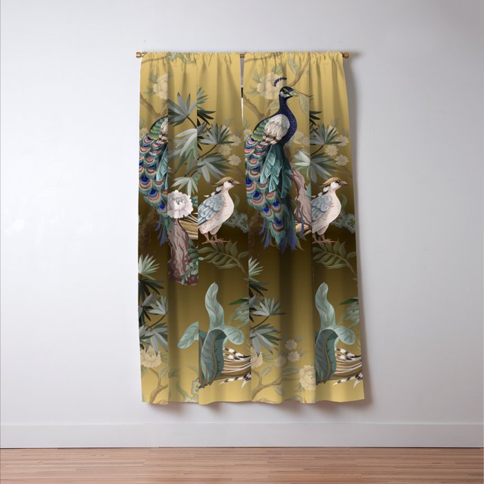 Chinoiserie Oriental Golden Peacock Fresco Art Window Curtain Gallery Image 3