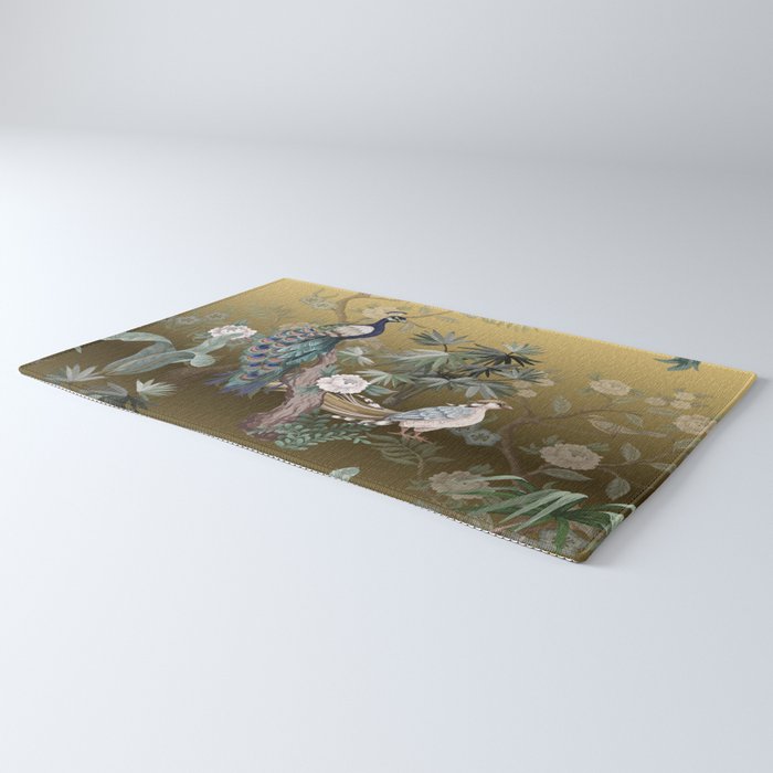 Chinoiserie Oriental Golden Peacock Fresco Art Rug Gallery Image 3