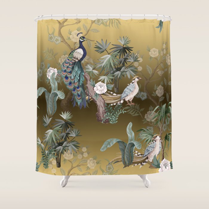 Chinoiserie Oriental Golden Peacock Fresco Art Shower Curtain Gallery Image 1