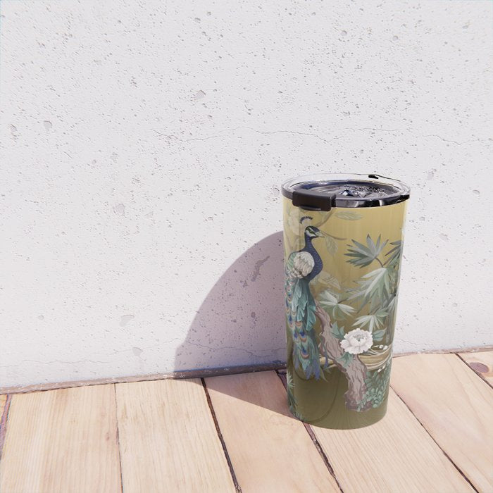 Chinoiserie Oriental Golden Peacock Fresco Art Travel Mug Gallery Image 4