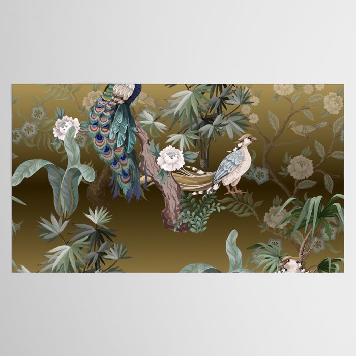 Chinoiserie Oriental Golden Peacock Fresco Art Tablecloth Gallery Image 2