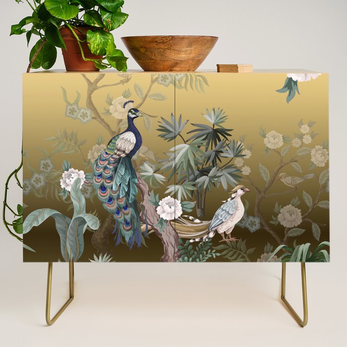 Chinoiserie Oriental Golden Peacock Fresco Art Credenza Gallery Image 1