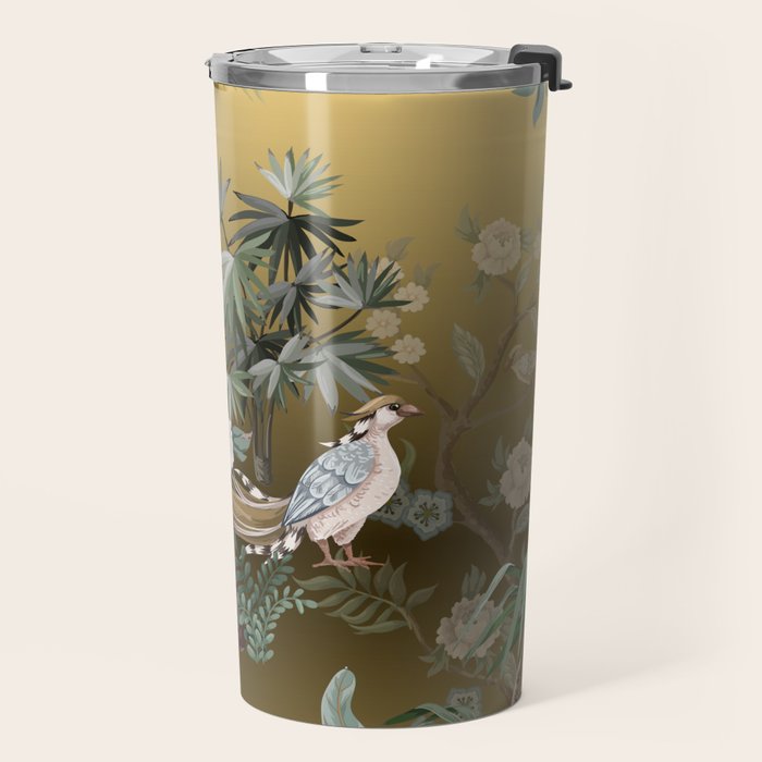 Chinoiserie Oriental Golden Peacock Fresco Art Travel Mug Gallery Image 2
