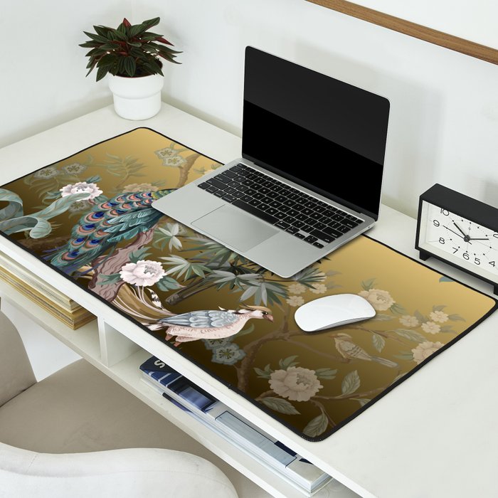 Chinoiserie Oriental Golden Peacock Fresco Art Desk Mat Gallery Image 2