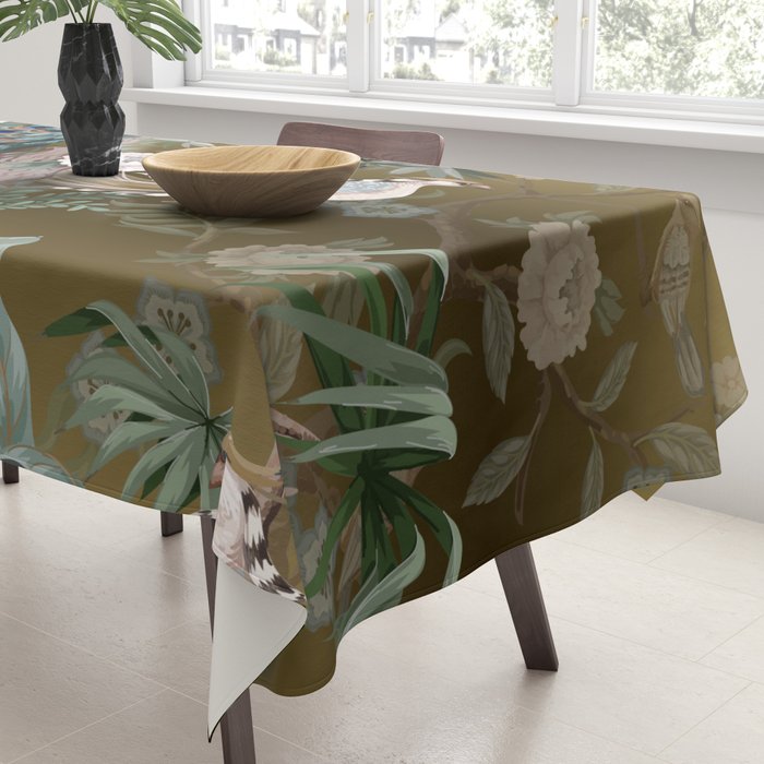 Chinoiserie Oriental Golden Peacock Fresco Art Tablecloth Gallery Image 3